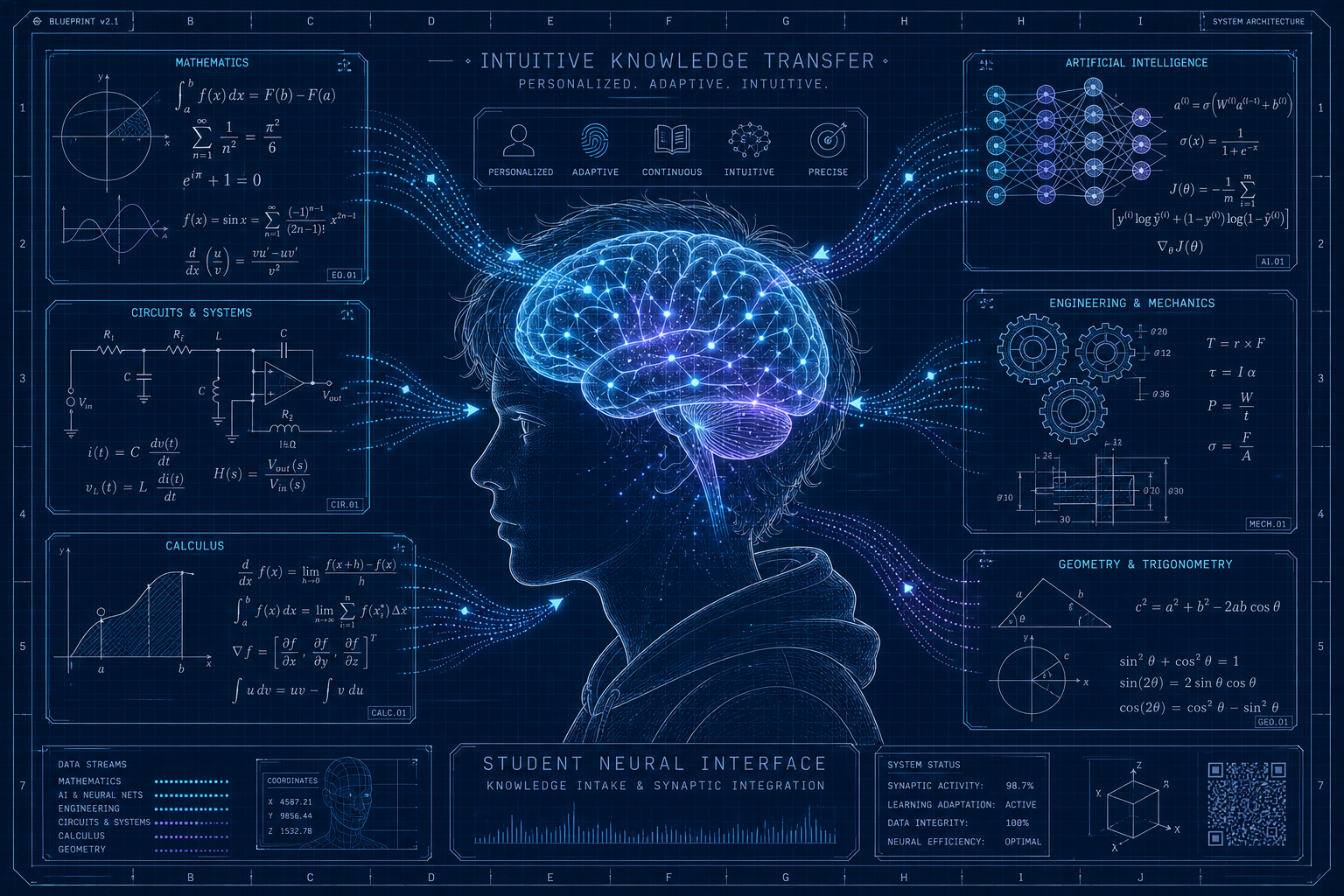 Blueprint illustration of a student with a glowing neural brain receiving flows of mathematics, engineering, circuits, and AI knowledge